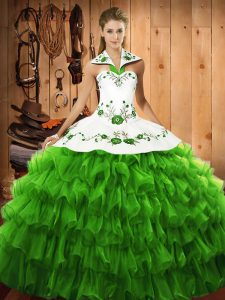 Eye-catching Satin and Organza Lace Up Quinceanera Gowns Sleeveless Floor Length Embroidery and Ruffled Layers