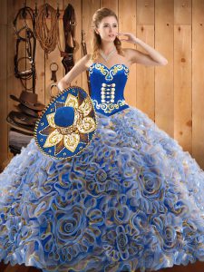 Charming Multi-color Ball Gowns Embroidery 15th Birthday Dress Lace Up Satin and Fabric With Rolling Flowers Sleeveless With Train