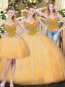Elegant Gold Lace Up Vestidos de Quinceanera Beading and Ruffles Sleeveless Floor Length