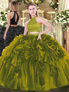 Comfortable Olive Green Organza Backless Halter Top Sleeveless Floor Length 15th Birthday Dress Beading and Ruffles