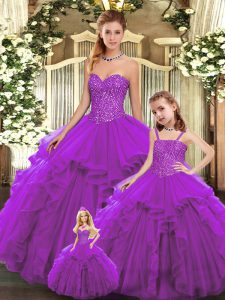 Perfect Eggplant Purple Ball Gowns Sweetheart Sleeveless Organza Floor Length Lace Up Beading and Ruffles Quinceanera Gown