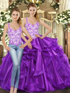 On Sale Ball Gowns Quinceanera Gowns Eggplant Purple Straps Tulle Sleeveless Floor Length Lace Up