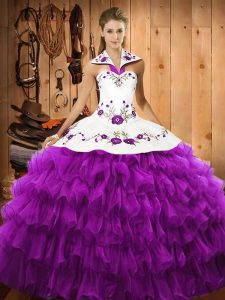 Halter Top Sleeveless Quinceanera Gown Floor Length Embroidery and Ruffled Layers Eggplant Purple Organza