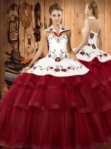 Wine Red Quinceanera Dresses Military Ball and Sweet 16 and Quinceanera with Embroidery and Ruffled Layers Halter Top Sleeveless Sweep Train Lace Up