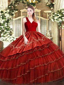 Super Wine Red Sleeveless Floor Length Embroidery and Ruffled Layers Zipper 15 Quinceanera Dress