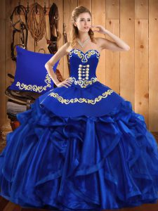 Royal Blue Ball Gowns Embroidery and Ruffles Quinceanera Gown Lace Up Organza Sleeveless Floor Length