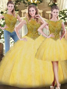 Custom Designed Gold Tulle Zipper Scoop Sleeveless Floor Length Ball Gown Prom Dress Beading and Ruffles