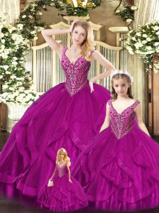 Eye-catching Sleeveless Tulle Floor Length Lace Up Quinceanera Dress in Fuchsia with Beading and Ruffles