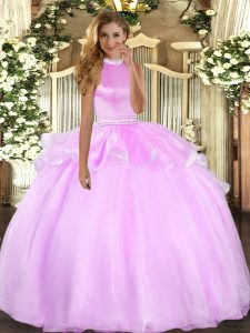 New Arrival Lilac Tulle Backless Halter Top Sleeveless Floor Length Vestidos de Quinceanera Beading and Ruffles