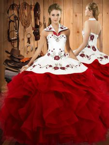 Chic Wine Red Halter Top Neckline Embroidery and Ruffles Quinceanera Gown Sleeveless Lace Up