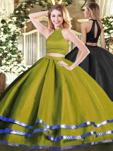 Hot Selling Two Pieces Sweet 16 Dresses Olive Green Halter Top Tulle Sleeveless Floor Length Backless