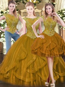 Brown Quinceanera Gowns Military Ball and Sweet 16 and Quinceanera with Beading and Ruffles Scoop Sleeveless Zipper