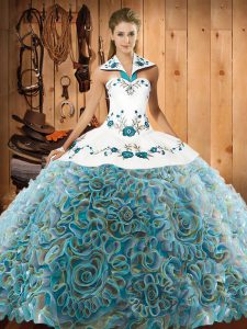 Fine Multi-color Sleeveless Fabric With Rolling Flowers Sweep Train Lace Up 15 Quinceanera Dress for Military Ball and Sweet 16 and Quinceanera