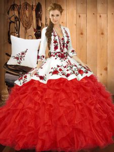 Dazzling Red Lace Up Sweetheart Embroidery and Ruffles 15 Quinceanera Dress Tulle Sleeveless