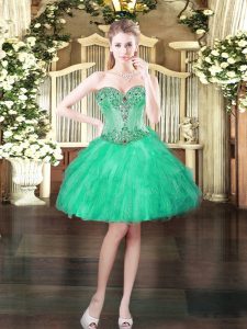 Superior Turquoise Sleeveless Mini Length Beading and Ruffles Lace Up Prom Party Dress