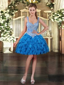 Blue Ball Gowns Straps Sleeveless Organza Mini Length Lace Up Beading and Ruffles Prom Gown