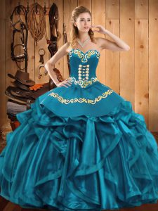 Great Teal Sweetheart Lace Up Embroidery and Ruffles Sweet 16 Dress Sleeveless