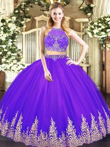 Super Purple Sleeveless Tulle Zipper 15th Birthday Dress for Military Ball and Sweet 16