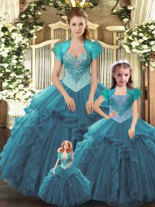 Teal Sleeveless Floor Length Beading and Ruffles Lace Up 15 Quinceanera Dress