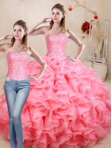 Sexy Watermelon Red Ball Gowns Sweetheart Sleeveless Organza Floor Length Lace Up Beading and Ruffles Quinceanera Dresses