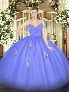 Best Blue Tulle Zipper Spaghetti Straps Sleeveless Floor Length Ball Gown Prom Dress Appliques