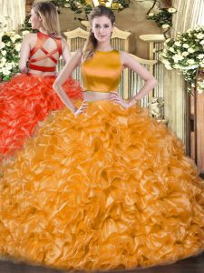 Orange Red Criss Cross Quinceanera Gown Ruffles Sleeveless Floor Length