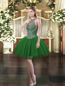 Sleeveless Mini Length Beading Lace Up Prom Evening Gown with Dark Green