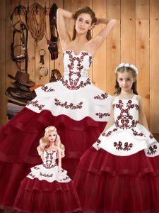 Designer Embroidery Sweet 16 Dresses Wine Red Lace Up Sleeveless Sweep Train