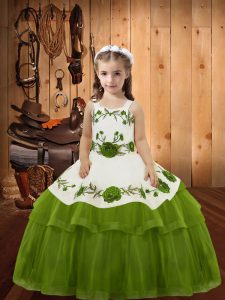 Latest Olive Green Organza Lace Up Pageant Gowns Sleeveless Floor Length Embroidery and Ruffled Layers