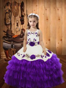 Floor Length Eggplant Purple Little Girl Pageant Dress Straps Sleeveless Lace Up