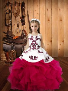 Fashionable Sleeveless Floor Length Embroidery and Ruffles Lace Up Custom Made Pageant Dress with Fuchsia