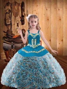 Multi-color Fabric With Rolling Flowers Lace Up Girls Pageant Dresses Sleeveless Floor Length Embroidery and Ruffles