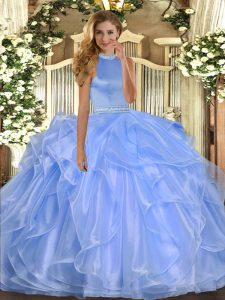 Blue Sleeveless Floor Length Beading and Ruffles Backless Sweet 16 Dress