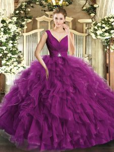 Exquisite Fuchsia V-neck Backless Beading Ball Gown Prom Dress Sleeveless