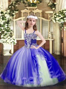 Adorable Blue Lace Up Straps Appliques Pageant Dress Tulle Sleeveless
