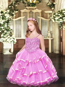 Adorable Rose Pink Organza Lace Up Pageant Dress Womens Sleeveless Floor Length Appliques and Ruffled Layers