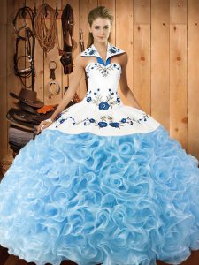 Glorious Baby Blue Fabric With Rolling Flowers Lace Up Quinceanera Gown Sleeveless Floor Length Embroidery