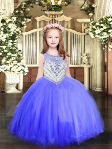 Sleeveless Tulle Floor Length Zipper Girls Pageant Dresses in Baby Blue with Beading
