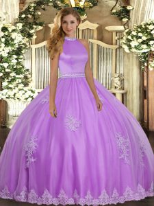 Lilac Ball Gowns Tulle Halter Top Sleeveless Beading and Appliques Floor Length Backless Ball Gown Prom Dress