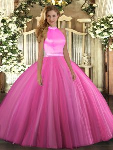Hot Selling Halter Top Sleeveless 15 Quinceanera Dress Floor Length Beading Rose Pink Tulle