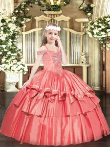 Excellent Floor Length Coral Red Child Pageant Dress Organza Sleeveless Beading and Ruffled Layers