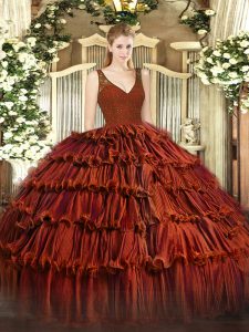 Comfortable Sleeveless Organza Floor Length Backless 15 Quinceanera Dress in Rust Red with Beading and Lace and Ruffled Layers