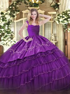 Custom Designed Sleeveless Zipper Floor Length Embroidery and Ruffled Layers Sweet 16 Dresses