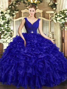 V-neck Sleeveless Backless Sweet 16 Dress Royal Blue Organza