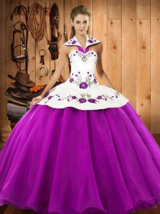 Glittering Floor Length Ball Gowns Sleeveless Fuchsia Quince Ball Gowns Lace Up