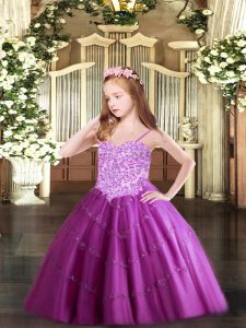 Floor Length Fuchsia Winning Pageant Gowns Spaghetti Straps Sleeveless Lace Up