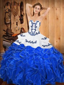 Strapless Sleeveless Lace Up Sweet 16 Dress Blue And White Satin and Organza