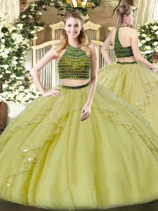 High End Olive Green Quinceanera Gown Military Ball and Sweet 16 and Quinceanera with Beading and Ruffles Halter Top Sleeveless Zipper