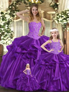 Purple Sleeveless Floor Length Beading and Ruffles Lace Up Quinceanera Dress