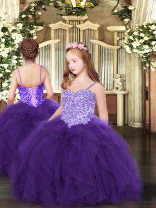 Pretty Floor Length Lace Up Pageant Dress Wholesale Purple for Party and Quinceanera with Appliques and Ruffles